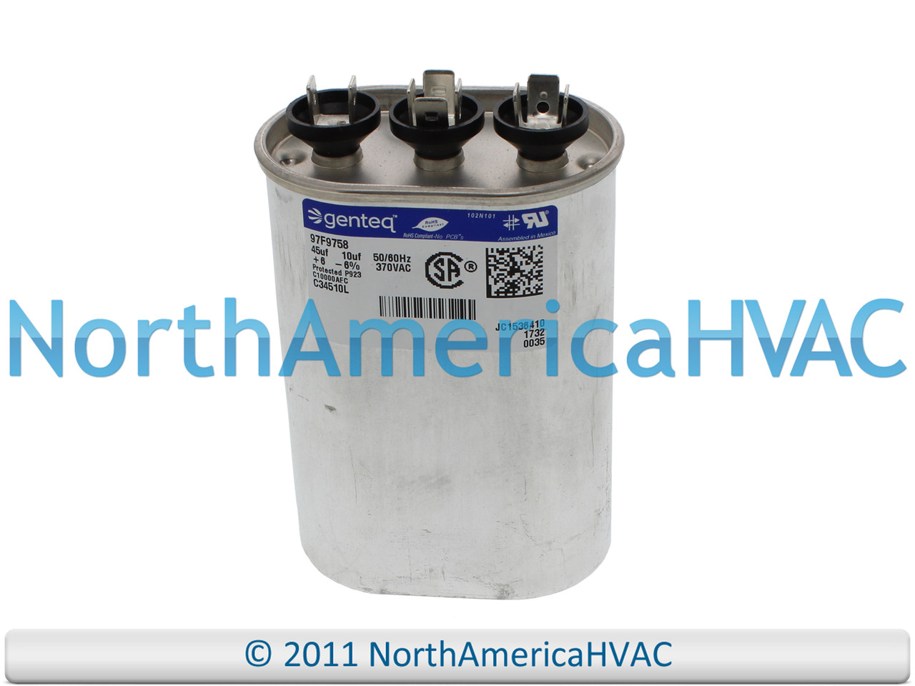 Capcom GE Genteq Capcom Run Capacitor 45 + 10 uF MFD 370 Volt Oval
